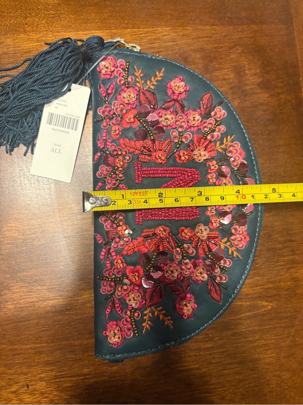 Anthropologie Embroidered 'M' Half-Moon Clutch with Tassel - Picture 5 of 7